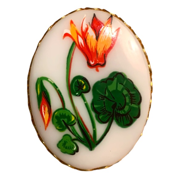 Vintage Jewelry - VTG Cloisonne Enamel Water Lilies Green Leaf Colourful Flower Brooch Lapel Pin